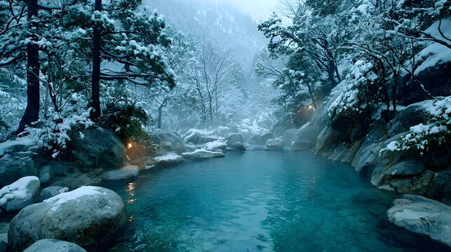 Tranquil turquoise waters of a natural hot spring surrounded by snow-covered trees create an enchanting winter wonderland scene of serenity and peace