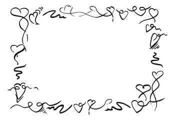 Playful whimsical doodle sketch hearts, beating pulse lines aligned in rectangular shape. Hand drawn vector frame in pen and ink. Love-themed layout, wedding invitation, Valentine romantic template