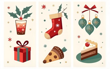 Set of Merry Christmas and Winter Holidays cards. Vector illustrations of winter drink, sock, ornaments, gifts, christmas cookie and cake. Modern minimal geometry backgrounds set. High quality