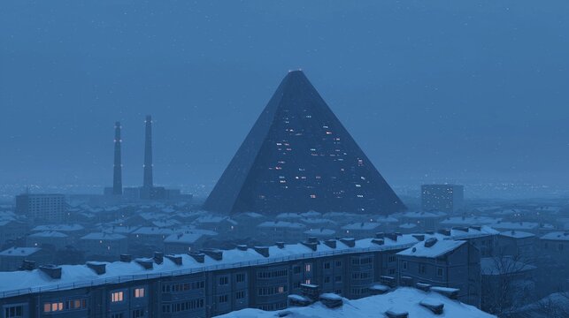 Atmospheric 3D render of a gigantic dark pyramid-shaped megastructure rising above a snowy residential city skyline in a dystopian winter evening.