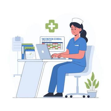 Healthcare Coordinator Adjusting Online Appointment Calendars Using A Laptop In A Minimalist Cartoon Style With A Green Cross Symbol And Office Supplies