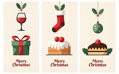 Set of Merry Christmas and Winter Holidays cards. Vector illustrations of winter drink, sock, ornaments, gifts, christmas cookie and cake. Modern minimal geometry backgrounds set. High quality