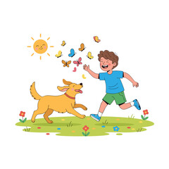 Joyful boy and golden retriever dog run through a sunny garden filled with colorful butterflies and blooming flowers creating a scene of outdoor summer fun and childhood happiness