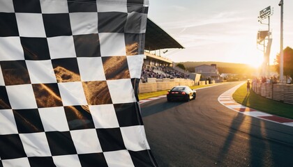 Waving checkered flag at a race track with a blurred car and spectators during sunset, concept for motorsports, competition and achievement
