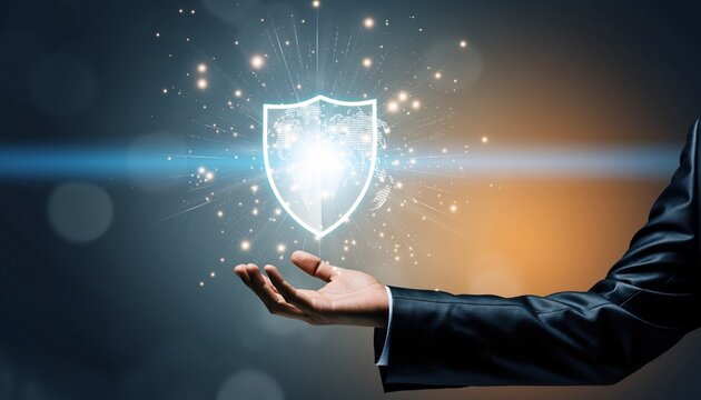 Hand presenting a glowing digital shield with a world map, symbolizing global data security and network protection, concept for cybersecurity, business technology and digital protection