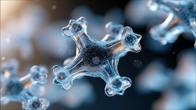 Close-up of an abstract molecular structure, isolated against a dark background, with soft lighting and a blurred bokeh effect.