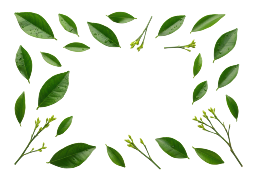 Fresh, vibrant green citrus leaves and slender twig clusters with dewdrops, on a transparent background, clean aesthetic for natural products