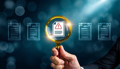 Hand holding magnifying glass highlighting a document with a warning icon on a digital background, concept for risk management, data analysis and compliance