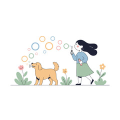 Joyful Child Blowing Bubbles For A Happy Golden Retriever Dog In A Garden With Flowers And Greenery