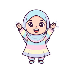 Joyful Cartoon Girl Wearing a Pastel Striped Outfit and Light Blue Hijab Waving with Both Hands Animated Style