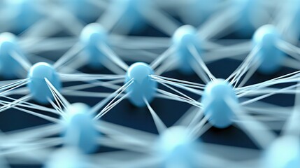 Close-up of a network of blue spheres connected by white lines, representing a conceptual design or abstract concept.
