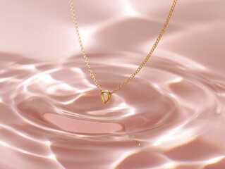 Elegant gold necklace featuring a teardrop shaped pendant, displayed against rippling water effect backdrop.