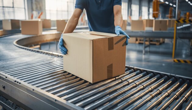 Worker's hands in blue gloves placing a cardboard box on a conveyor belt in a modern warehouse, concept for logistics, e-commerce, and supply chain management