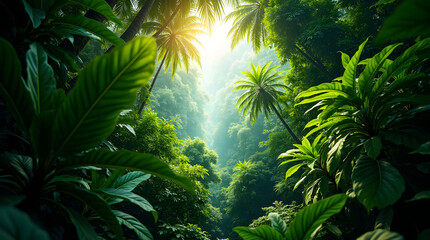 Vibrant tropical rainforest landscape with bright sunlight filtering through palm trees and lush green vegetation creating scenic nature scene in dense jungle environment