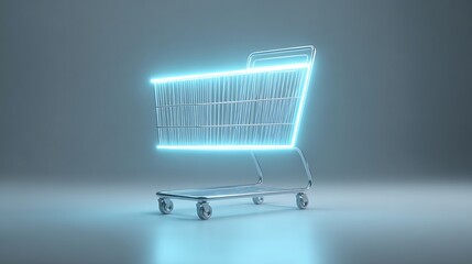 Shopping cart glowing in metallic neon blue style
