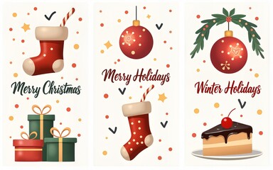 Set of Merry Christmas and Winter Holidays cards. Vector illustrations of winter drink, sock, ornaments, gifts, christmas cookie and cake. Modern minimal geometry backgrounds set. High quality