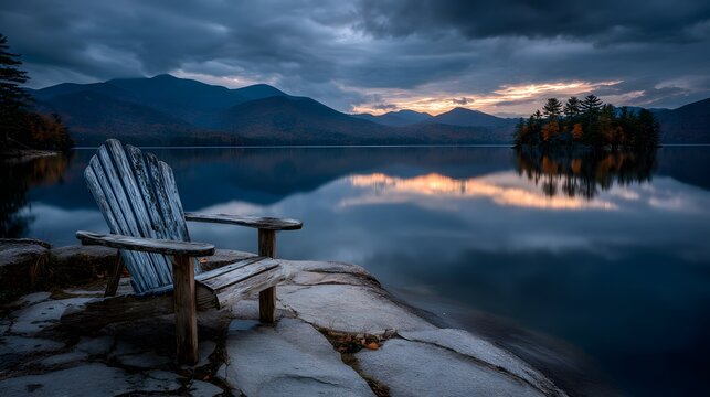 Serene Adirondack chair overlooking tranquil lake and mountain landscape at dusk offering peaceful reflection and escape for your next project