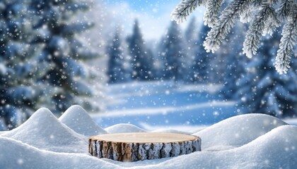 Wooden log slice podium resting on fresh snow with a blurred winter forest background and falling snowflakes, concept for Christmas, winter marketing and product display