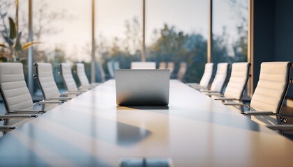 Silver laptop awaiting a meeting on a sleek conference table in a bright, modern office with panoramic windows, concept for business meetings, corporate presentations and executive discussions
