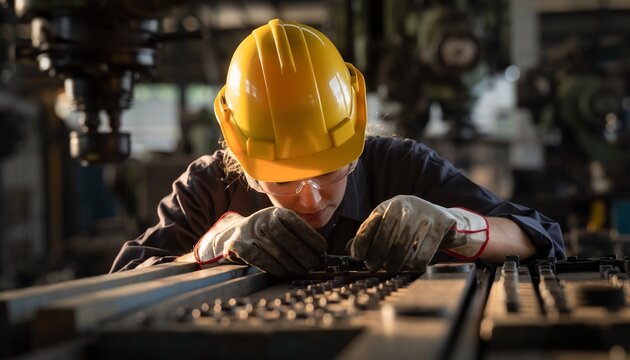 Female industrial worker diligently inspecting intricate machinery in a factory, wearing a yellow hard hat and safety gear, concept for manufacturing, engineering and skilled labor.