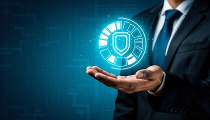 Businessman presenting a glowing digital shield on a blue tech background, symbolizing data protection and cybersecurity, concept for IT security, business solutions and digital privacy