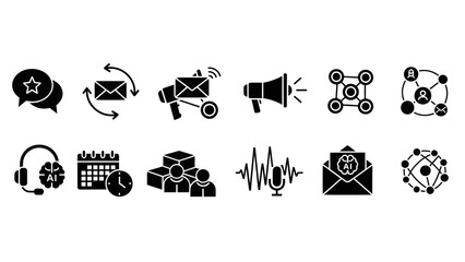 Communication and marketing icon set Email, megaphone, speech bubbles, network, calendar, support