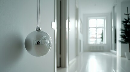 A silver Christmas ornament hangs in a bright white hallway with a blurred background. The hallway has a window and a Christmas tree.