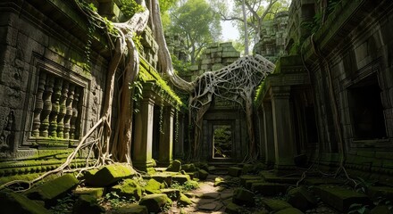 Ancient stone temple ruins in a lush jungle, overgrown with large tree roots and moss, creating a mystical atmosphere.