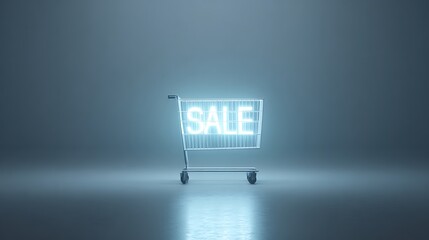 Shopping cart in spotlight with glowing SALE sign