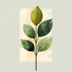  Botanical plant stem with varied green leaves painted in watercolor style