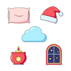 Cute Christmas Icon Set – Santa Hat, Candle, Pillow, Cloud, and Starry Window