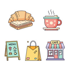 Cute Café Icon Set – Coffee Cup, Croissant Sandwich, Menu Board, Shopping Bag, and Small Café Store
