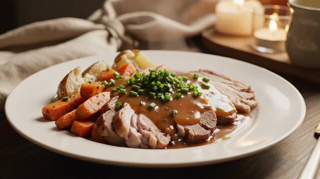 A Culinary Journey: Sizzling Roast with Gravy and Delicious Side Dish Elements