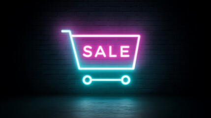 Shopping cart silhouette glowing under neon SALE sign
