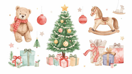 A charming watercolor illustration features a festive Christmas tree, teddy bear, rocking horse, gifts, and ornaments, creating a joyful holiday scene.