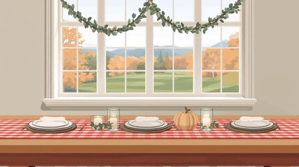 A beautifully set Thanksgiving table with plates, napkins, and a pumpkin centerpiece, overlooking a scenic autumn landscape through a large window.