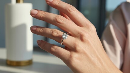 Elegant round cut diamond engagement ring on woman's finger, sparkling celebration