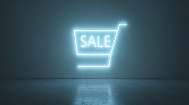 Shopping cart silhouette glowing under neon SALE sign