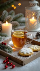 Festive Warm Tea on Wooden Tray with Lemon Slice and Holiday Details 
