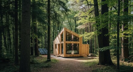 Modern wooden cabin with large windows nestled deep within a serene, sun-dappled forest, featuring solar panels for sustainable living.