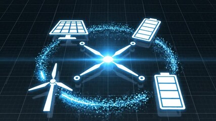 Renewable energy concept featuring glowing icons of solar panel, wind turbine, and battery storage connected through digital network dark grid background, symbolizing clean energy and sustainable - Powered by Adobe
