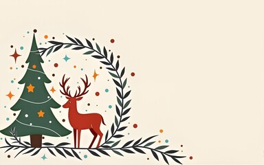 Minimal art deco with christmas tree, reindeer,wreath outline.vector illustration for Christmas party invitation card, postcard, menu ,print, social media template. High quality
