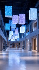 Shopping mall decorated with glowing sale boards festive