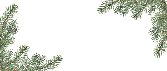 Christmas, New Year winter banner with fir, pine branches. Watercolor horizontal frame, border. Hand drawn illustration. Perfect as a web banner, card and invitation template.