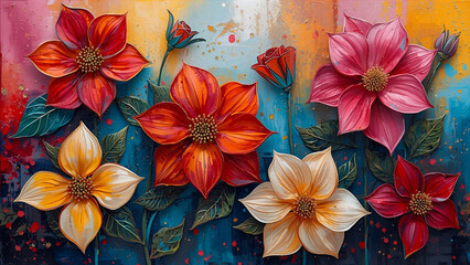 Vibrant Abstract Floral Painting with Impasto Texture and Splatter Art