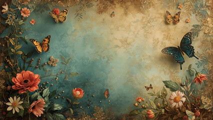 Aged Teal and Sepia Background with Vintage Flowers and Butterflies