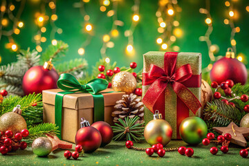  Golden present wrapped with green bow surrounded by festive decorations and green pine 