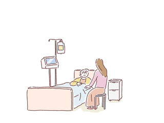 ベッドで横になる高齢女性と側に座る女性、病院、入院