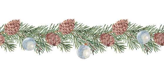 Christmas Horizontal Watercolor Seamless border Pattern. Pine or Fir Branches with cones and blue baubles. Hand painted illustration of Winter forest plant with green needles on white background. Can