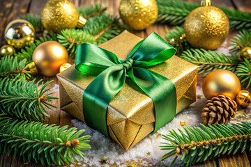 Golden present wrapped with green bow surrounded by festive decorations and green pine